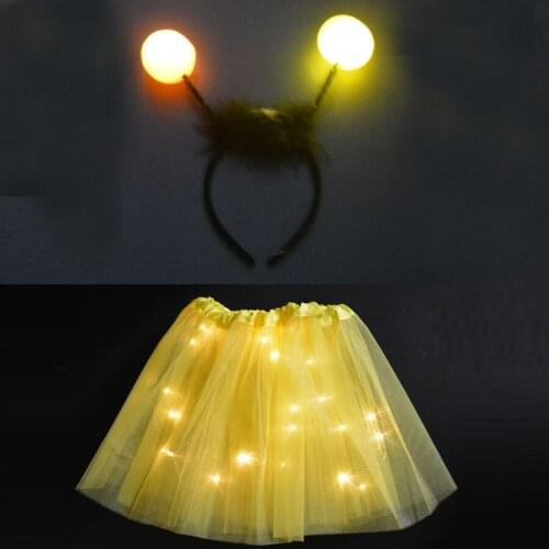 Glowing LED Light Women Girl Yellow Bee Costume Birthday Party Skirt Headband Halloween Wedding Christmas