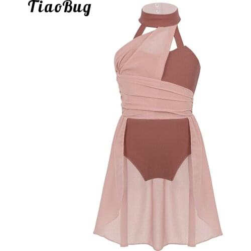 TiaoBug Kids Girls Sleeveless Ruched Chiffon Bodice Caged Back Ballet Dance Costume Leotard Dress For Lyrical Contemporary Dance