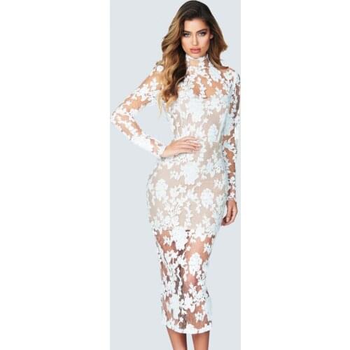 Subtly Designed See Through Long Sleeve Mock Neck Graceful Embroidery Lace Back Slit Bandage Midi Party Sheath Dress