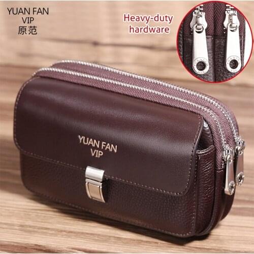 Natural Cowhide Men Genuine Leather Fanny Waist Packs Double Zip Belt Bags Hip Bum Cell/Mobile Phone Cigarette Case Cards Purse