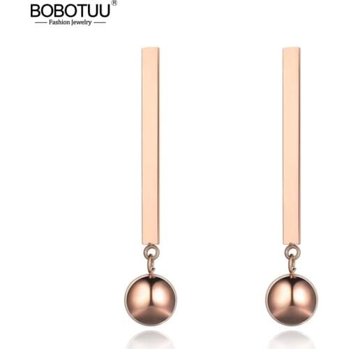 BOBOTUU OL Style Stainless Steel Round Ball Dangle Earrings For Women Rose Gold Ear Jewelry Party Anniversary Gift BE19044