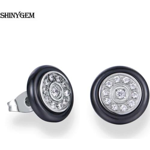 2020 Contracted Korean Style Black/White Round Ceramic Stud Earrings Micro Inlay Zircon Stainless Steel Earrings For Women Gift