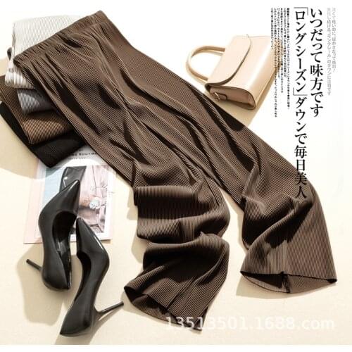 Ice silk pleated wide-leg pants womens 2021 summer new high-waist silk texture mopping straight long pants