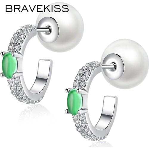 BRAVEKISS Green Rhinestone Half Hoop Earrings Piercing Pearl CZ Stone Earrings For Women Huggie Earring Fashion Jewelry BUE0337