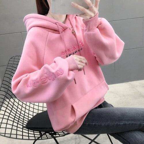 Autumn Pink Sweater Women 2021 Thickened Plush Winter Hoodoes Woman Korean Loose Embroidery Coat Women Sweatshirt