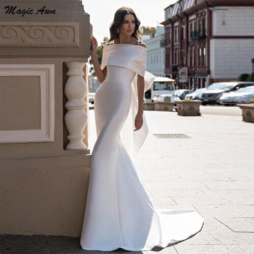 Magic Awn Elegant Satin Mermaid Wedding Dresses Off The Shoulder With Big Bow Strap Bodice Simple Wedding Party Gowns Vestidos