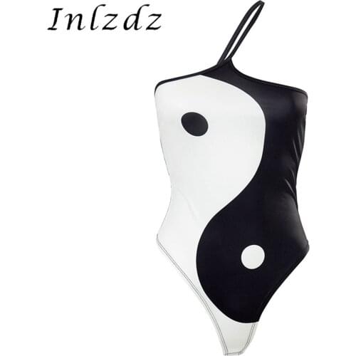 Womens Lingerie Sexy Bodysuit Contrast Color Chinese Print Skinny Jumpsuit One Shoulder Spaghetti Strap Swimsuit Swimwear