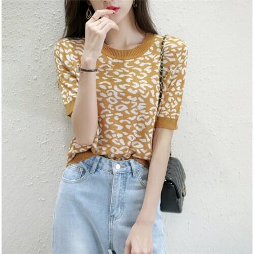 2021 Time-limited 20670 (3 Rooms, 6 Rows, 2 Middle) Real Shot Round Neck Leopard Print Short Sleeve Knitted T-shirt 29