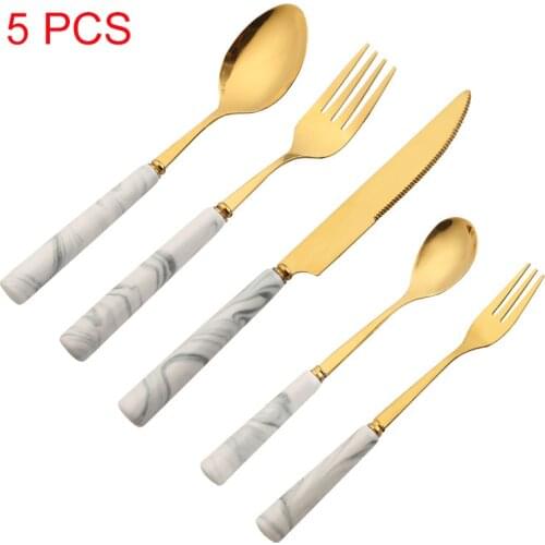 5 PCS Marble Ceramic Handle Portable 304 Stainless Steel Golden Dinnerware Set Tableware Set Cutlery Steak Knife Fork Spoon Suit