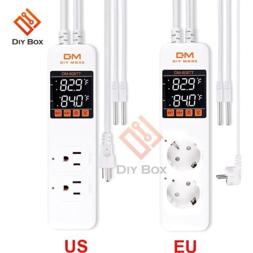 DM-808TT Digital Dual Temperature Controller Socket Outlet Dual Sensor Heating Cooling 10A 110V 220V Thermostat EU/ US Plug