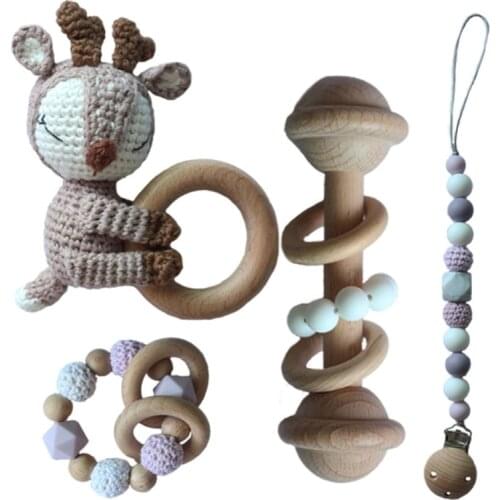 Baby Pacifier Clip Chain Dummy Holder Wooden Teething Bracelet DIY Crochet Deer Teether Infants Rattle Soother Molar Toy