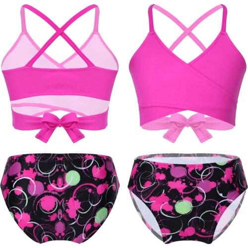 Kids Girls Fahion Print Swimsuit Spaghetti Strap Wrapped Self-Tie Crop Top and Bottom Children Bikini Set Summer Bathing Suit