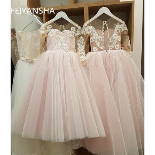 White Flower Girl Dress Kids Pageant Birthday Formal Party Lace Long Dress Bowknot First Communion Dress Prom Gown 2-12Y