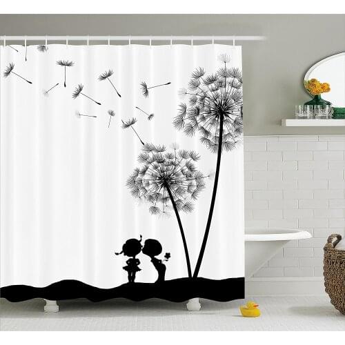 Home Shower Curtain Vintage Classic Dandelions Flowers Cute Lovers Print Fabric Bathroom Decor with Hooks Black White