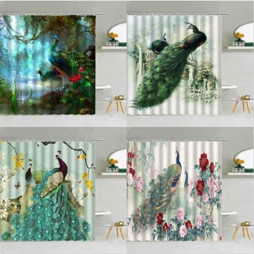 Elegant Peacocks Flower Shower Curtain Dream Forest Hand Painted Floral Polyester Fabric Bathroom Supplies Hanging Curtains Set