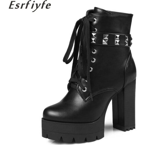 ESRFIYFE 2020 New Women Winter Martin Boots Women Lace Up Ankle Shoes Women Super High 11CM Platform Fashion Keep Warm Shoes