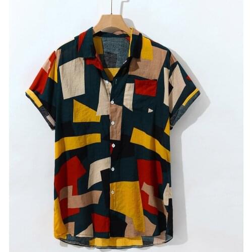 Cotton Hawaiian Shirt Men Turn Down Collar Geometric Print Summer Shirts 2019 Casual Streetwear Mens Clothing Camisa Masculina