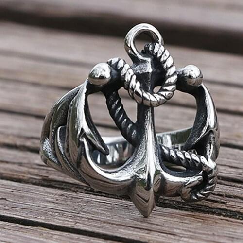 Classic Hollow Out Anchor Ring Mens 316L Stainless Steel Punk Biker Rings Fashion Nordic Amulet Jewelry Size 7-13