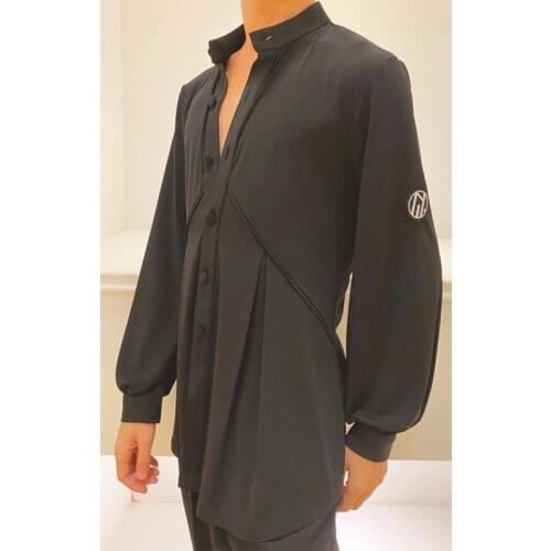 MenS Big V-Neck Hem Pleated Puff Sleeve Latin Dance Costumes Practice Clothes Chacha Samba Ballroom Latin Dance Clothes DQS7597