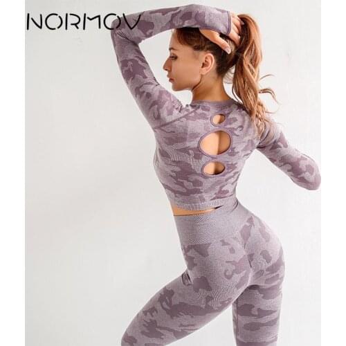 NORMOV Camo Yoga Set Fitness Sports Suits GYM Cloth Yoga Long Sleeve Shirts High Waist Running Leggings Workout Pants Shirts
