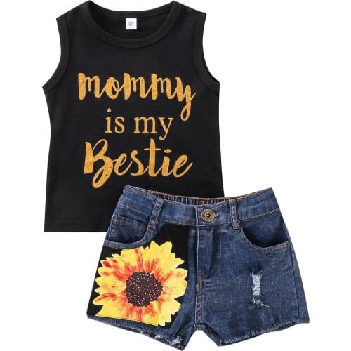 New 2Pcs Kids Summer Streetwear, Girls Letter Print O-Neck Sleeveless Vest + Sunflower Denim Shorts Suit, 2-7 Years