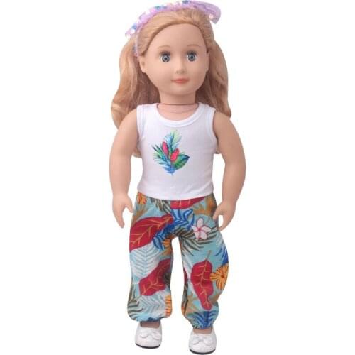 New Pattern Short Sleeve White T + Slacks Two Pieceet Fit 18 Inch American&43cm Baby New Born Doll Clothes Accessories