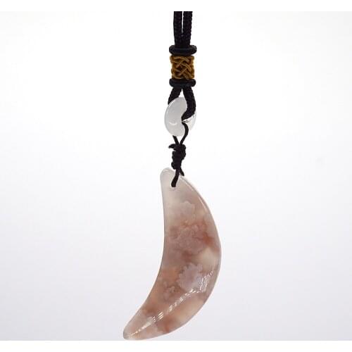Cherry Blossom Agate Moon Pendant Necklace for Women Natural Gemstone Healing Crystal Reiki Polished Handmade Statue Jewelry