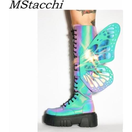 Mstacchi Removable Three-dimensional Butterfly Women Knee Boots Reflective Lace Up Platform Boots Round Toe Ladies Flat Shoes