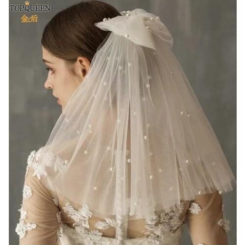TOPQUEEN V04 Bow Bridal Veil with Pearls Double Layer White Ivory Tulle Short Veil with Comb for Wedding 2020 Hot Sell