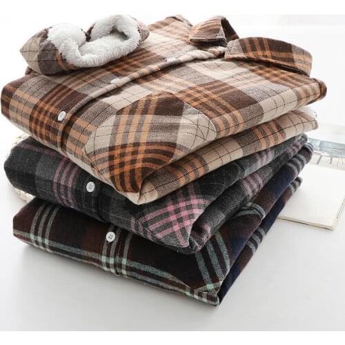 Spring Autumn Fashion Womens Velvet Thick Warm Literature Vintage Office Lady Full Regular Button Up Plaid Shirt Blouses Tops