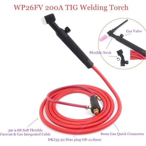 WP26FV 200A TIG Welding Torch 3m Soft Cable Air Cooled Tungsten Arc Valve Flexible Argon 35-50 Quick Connector WP26 Welder