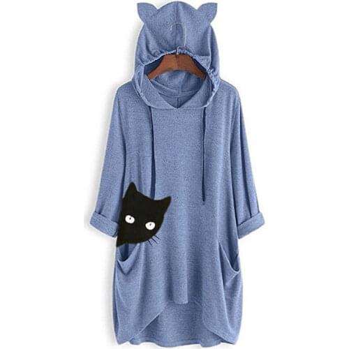 Slounchy Cute Cat Side Looking Printed Long Hoodies for Women Lady Pullover Sweatshirts Soft Girls Clothing Casual Autumn Tops