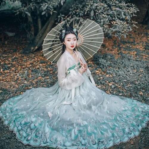 Polyester Woman Hanfu Dress Chinese Style Ancient Peacock Fairy Costume Traditional Chinese Girl Hanfu Cardigan Chiffon Coat