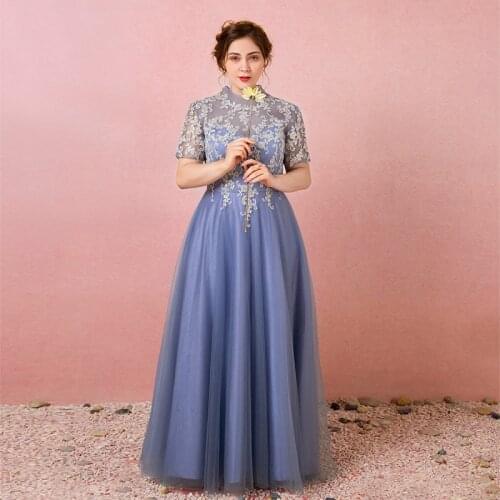 High Neck Appliques Luxurious A-Line Evening Dress Backless Lace Up Short Sleeves Floor-Length Plus Size Women Formal Gowns D812