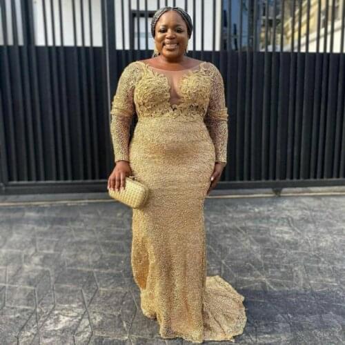 Gold Plus Size Mermaid Evening Dresses Sheer Neck robe de soiree Long Sleeves Prom Dress Aso Ebi Women Formal Party Gowns