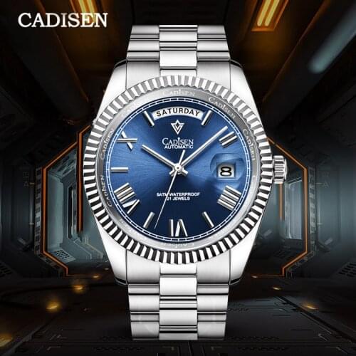 2021 New CADISEN DAY-DATE Mens Mechanical Watches top brand luxury Blue watch Stainless Steel waterproof Clock Reloj Hombre 8185