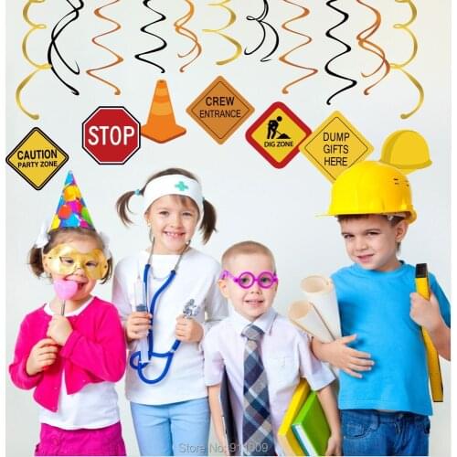 30pcs/set Hanging Swirl Kids Birthday Party Backdrops PVC Construction Theme Warning Slogan Spiral Ornaments Decorations XL057