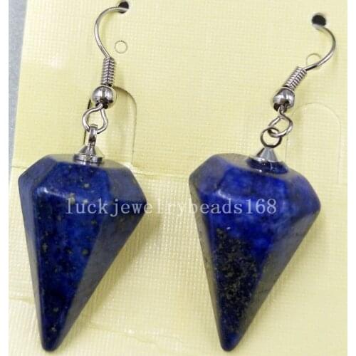 Free Shipping Women Fashion Jewelry 14x26mm Natural Lapis Lazuli Pendulum Art Women Bead Dangle Earrings Pair C5138