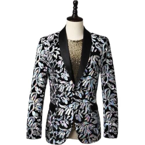 Sequin Personality Men Singer Dress Dancer Performance Gold Plants And Flowers Suit Jacket Host Nightclub DJ Clothing Studio