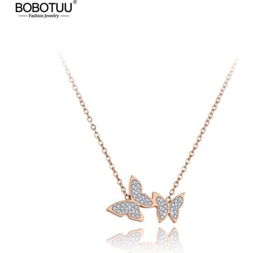 BOBOTUU Trendy Stainless Steel Double Crystal Butterfly Choker Necklaces Rhinestone Animal Pendant Necklace For Women BN19179
