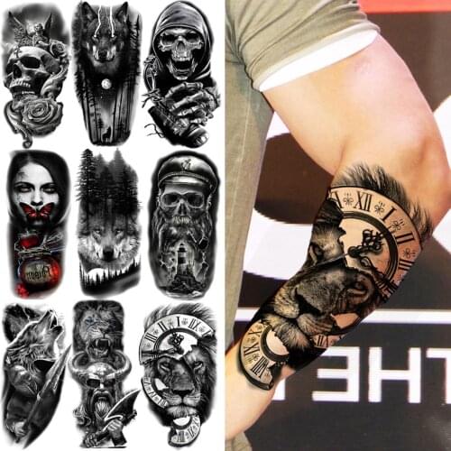 Large Lion Compass Temporary Tattoos For Men Adults Realistic Skull Captain Lion Wolf Halloween Fake Tattoo Sticker Tatoos 3D