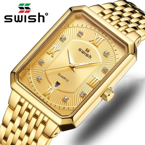 Golden Watches Men Top Brand Luxury Fashion Rectangle Quartz Wrist Watch Mens Waterproof Business Clock Steel Relogios Masculino
