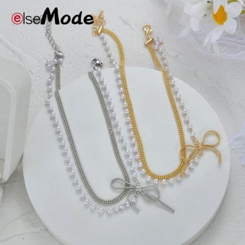 ELSEMODE Sweet Double Layers Bow-knot Pearl Chain Choker Necklace Stainless Steel Women Vintage Wedding Jewelry For Girlfriend