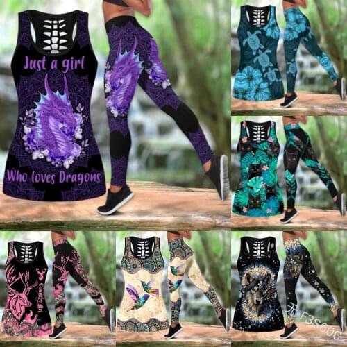 Breathable seamless Yoga suit with a u-neck printed bottom sleeveless tank top and tight comfort pants