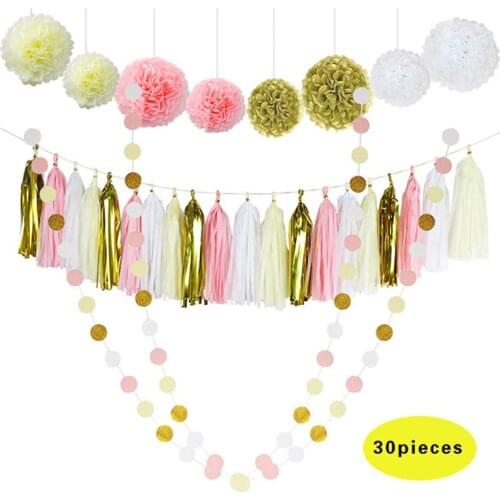 HAOCHU 30pcs/set 8'' 10'' Tissue Paper Pom Pom Flower Ball Shiny Circle Paper Garland Wedding Party Decor Set Home Ornament