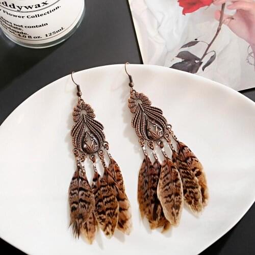 Indian Bohemian Style Fashion Long Earrings Retro Copper Color Geometric Pattern Decorative Alloy Pendant Feather Tassel Earring
