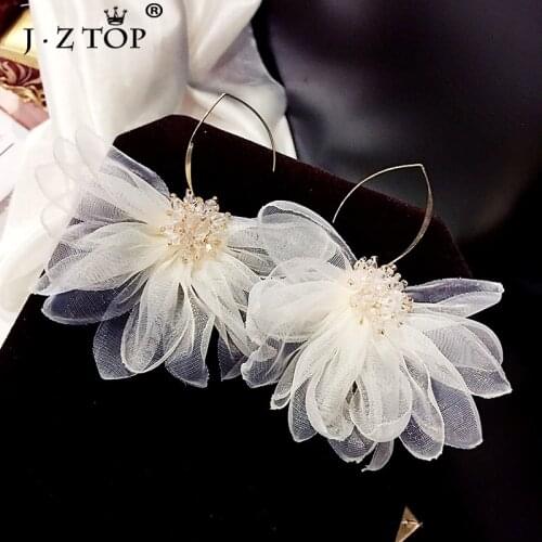 Jztop Brand Ladies Lace Crystal Flower Earrings For Women Trendy Big White Silk Yarn Drop Earrings For Wedding Bride Gift Earing