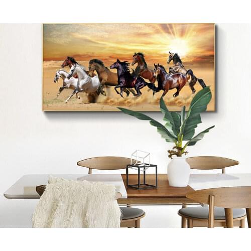 Eight Horse Canvas Painting Wild Animals Sunset Posters and Prints Cuadros Horses Wall Art Pictures For Living Room Decor