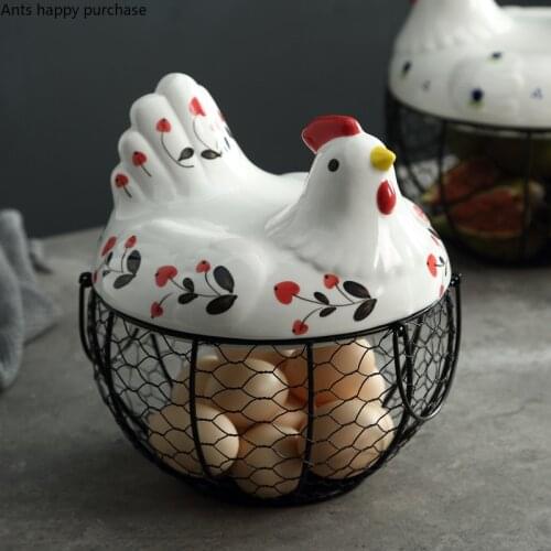 Ceramic Hen Cover Wrought Iron Storage Basket Household Portable Egg Fruit Basket Blue Flower Safflower Kitchen Storage Supplies