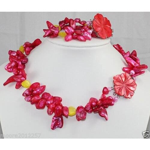 Beautiful fresh red pink freshwater pearl necklace bracelet set